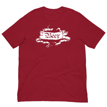 Red medieval beer T-shirt with white beer crest front graphic, short-sleeve crew neck