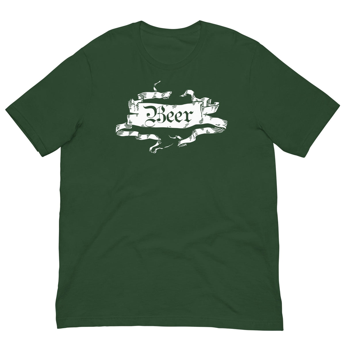 Green medieval beer T-shirt with white beer crest front graphic, short-sleeve crew neck