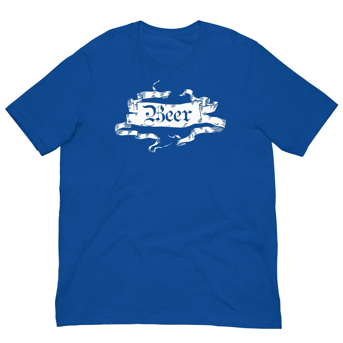 Blue medieval beer T-shirt with white beer crest front graphic, short-sleeve crew neck