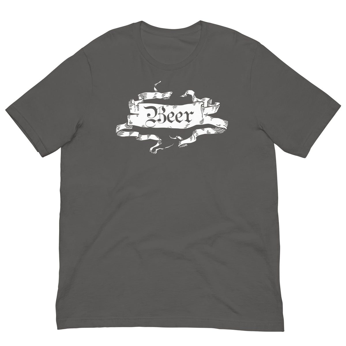 Gray medieval beer T-shirt with white beer crest front graphic, short-sleeve crew neck