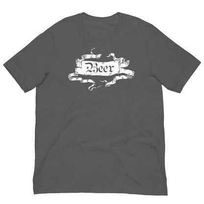 Gray medieval beer T-shirt with white beer crest front graphic, short-sleeve crew neck