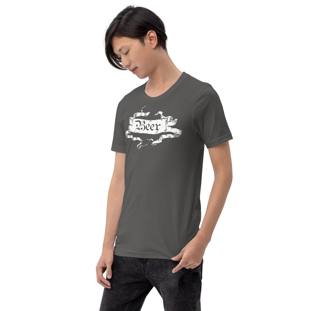 Dark gray beer graphic T-shirt with ornate ribbon banner print, short sleeves
