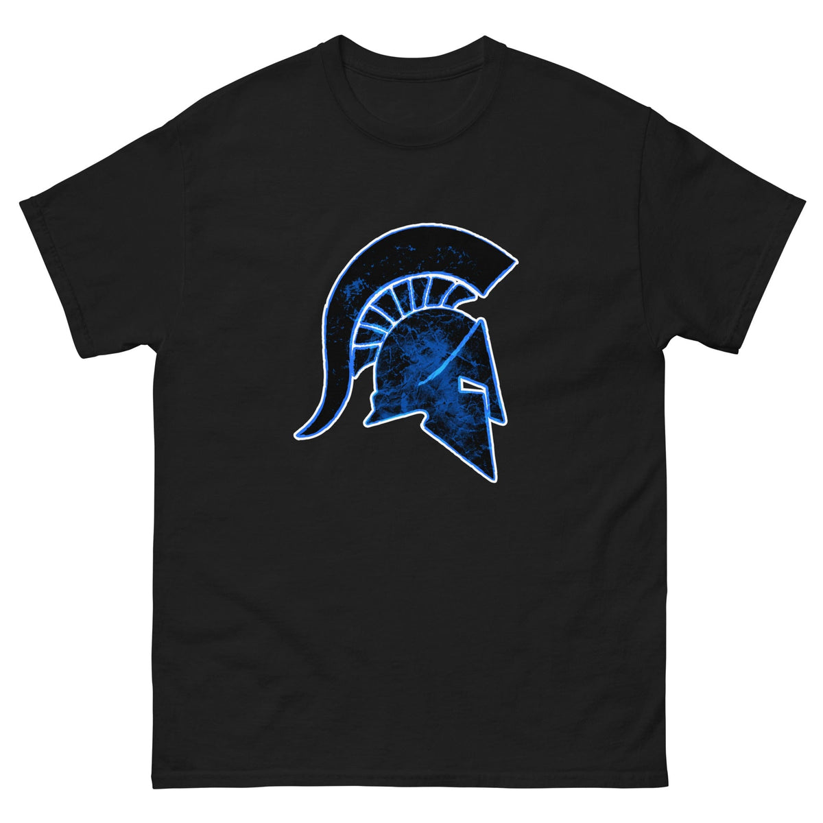 Black T-shirt with blue Ancient Greek helmet graphic on the front.