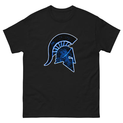 Black T-shirt with blue Ancient Greek helmet graphic on the front.