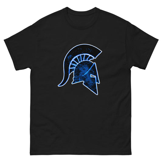Black T-shirt with blue Ancient Greek helmet graphic on the front.