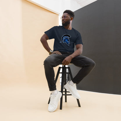 Navy T-shirt with blue Ancient Greek helmet graphic on the chest.