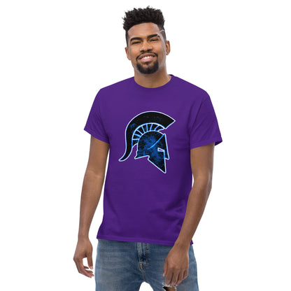 Purple T-shirt with blue Ancient Greek helmet graphic on the front.