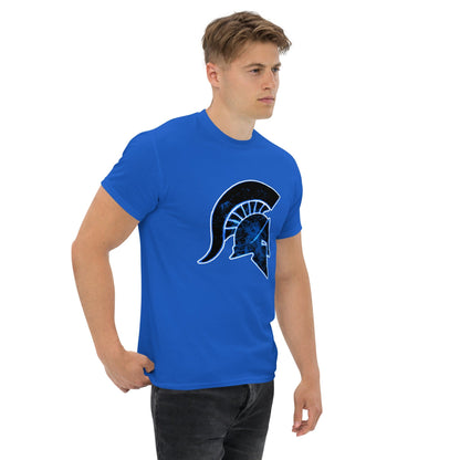Royal blue T-shirt with a blue Ancient Greek helmet graphic on the chest.