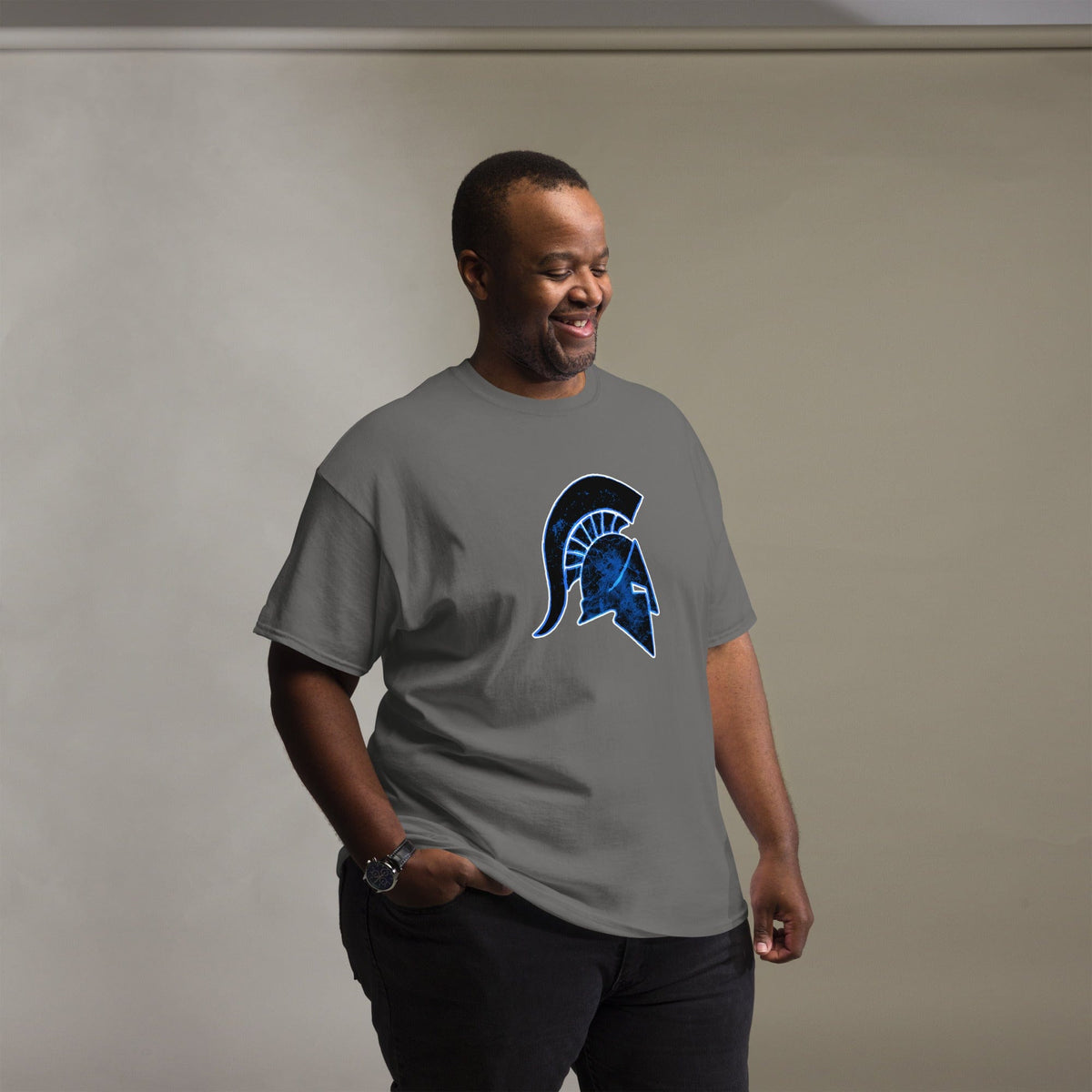 Charcoal gray T-shirt with a blue Ancient Greek helmet graphic on the front.