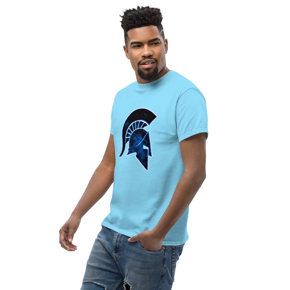 Sky blue T-shirt with a blue Ancient Greek helmet graphic on the front.