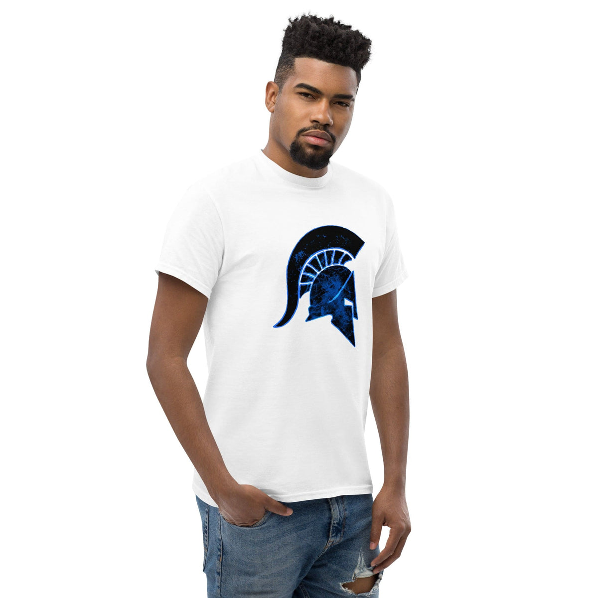 White T-shirt with a blue Ancient Greek helmet graphic on the chest.