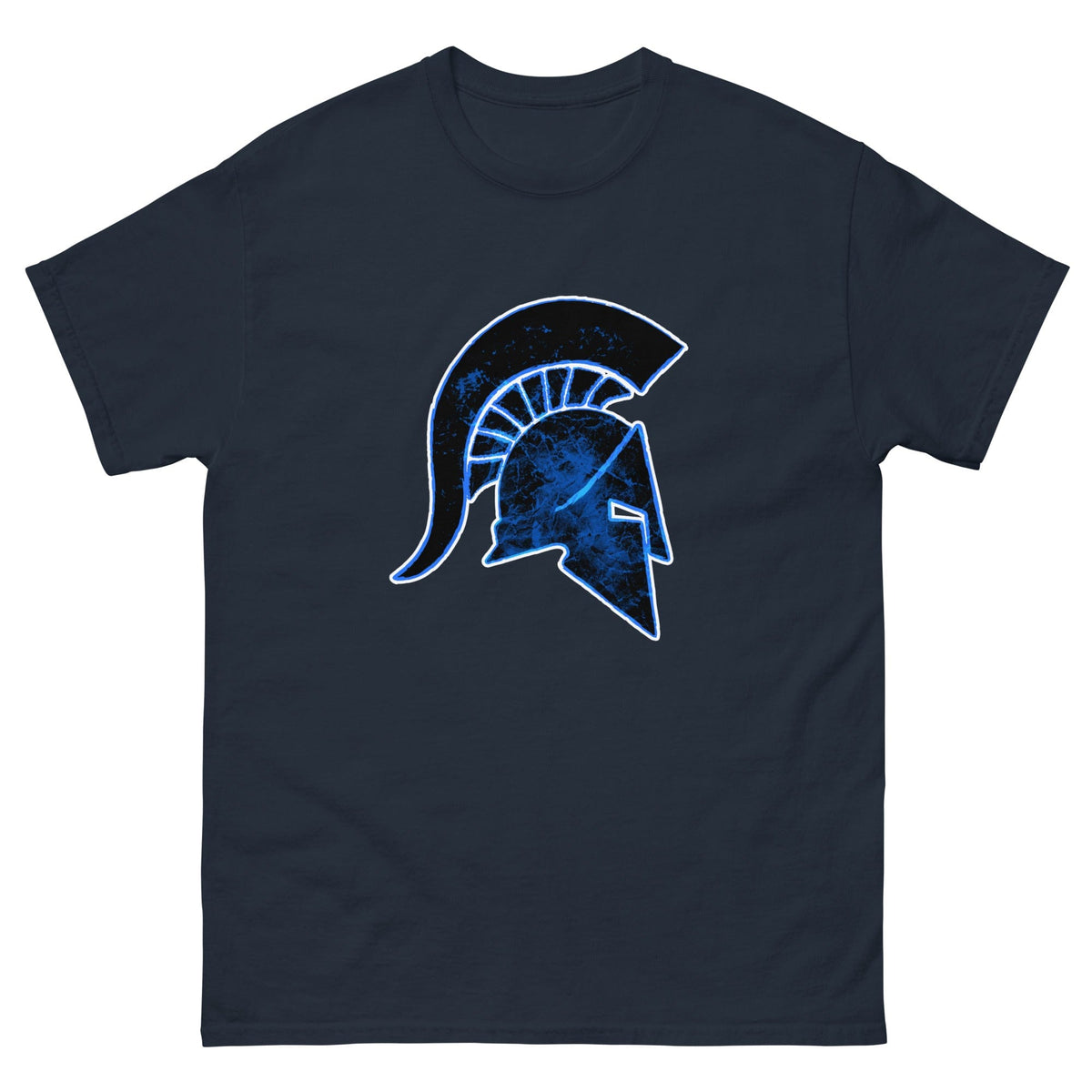 Navy Ancient Greek helmet t-shirt with blue front helmet graphic, short sleeves, crew neck