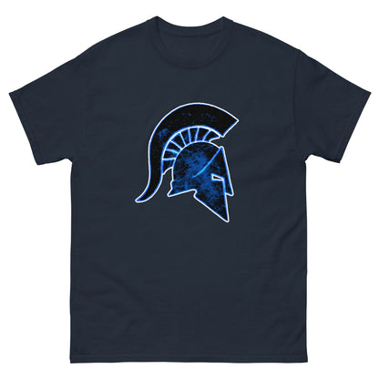 Navy Ancient Greek helmet t-shirt with blue front helmet graphic, short sleeves, crew neck