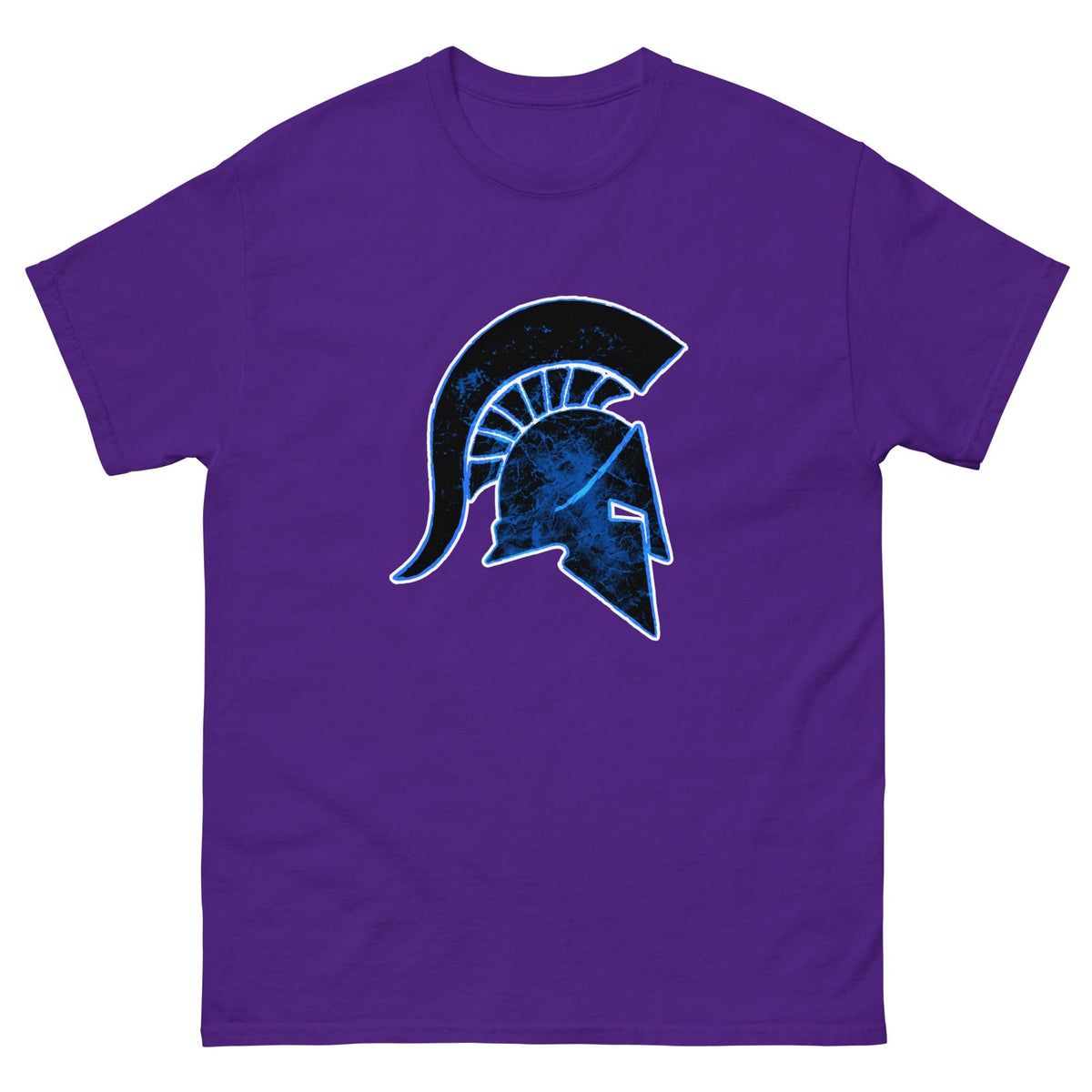 Purple T-shirt with a blue Ancient Greek helmet graphic on the front.