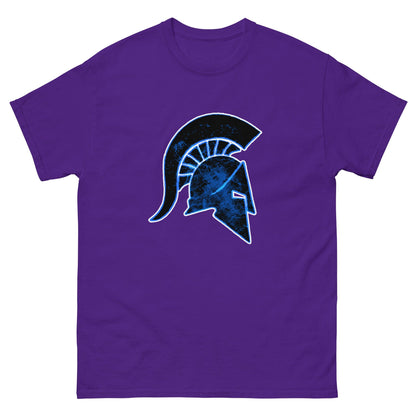 Purple T-shirt with a blue Ancient Greek helmet graphic on the front.