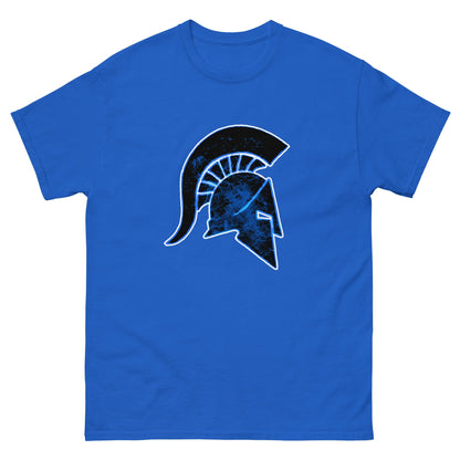 Royal blue Ancient Greek helmet t-shirt with blue front helmet graphic, short sleeves, crew neck
