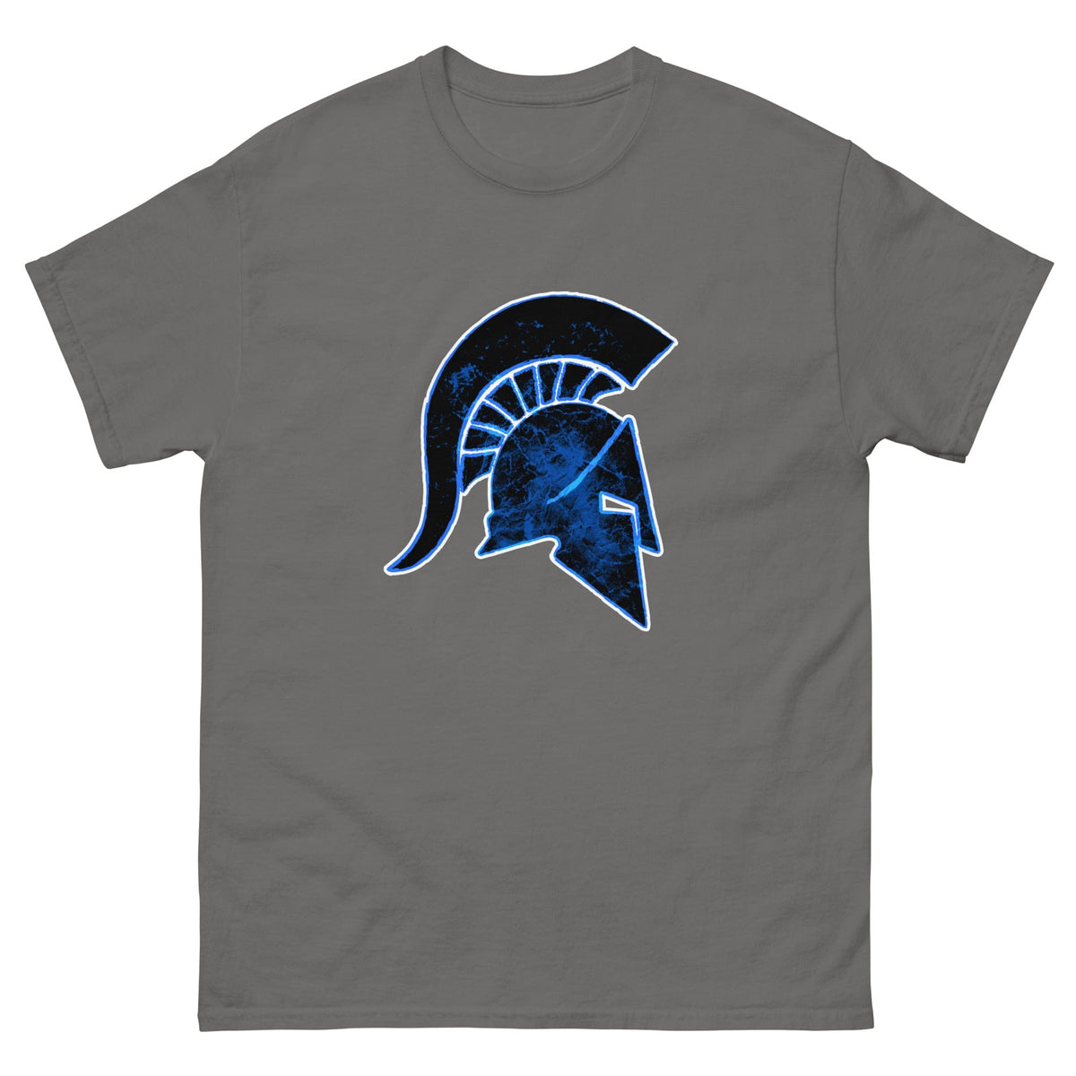 Charcoal gray Ancient Greek helmet t-shirt with blue front helmet graphic, short sleeves, crew neck