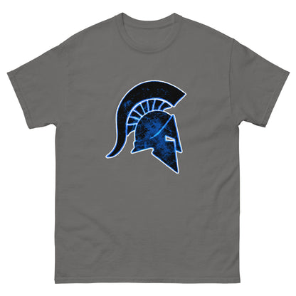 Charcoal gray Ancient Greek helmet t-shirt with blue front helmet graphic, short sleeves, crew neck