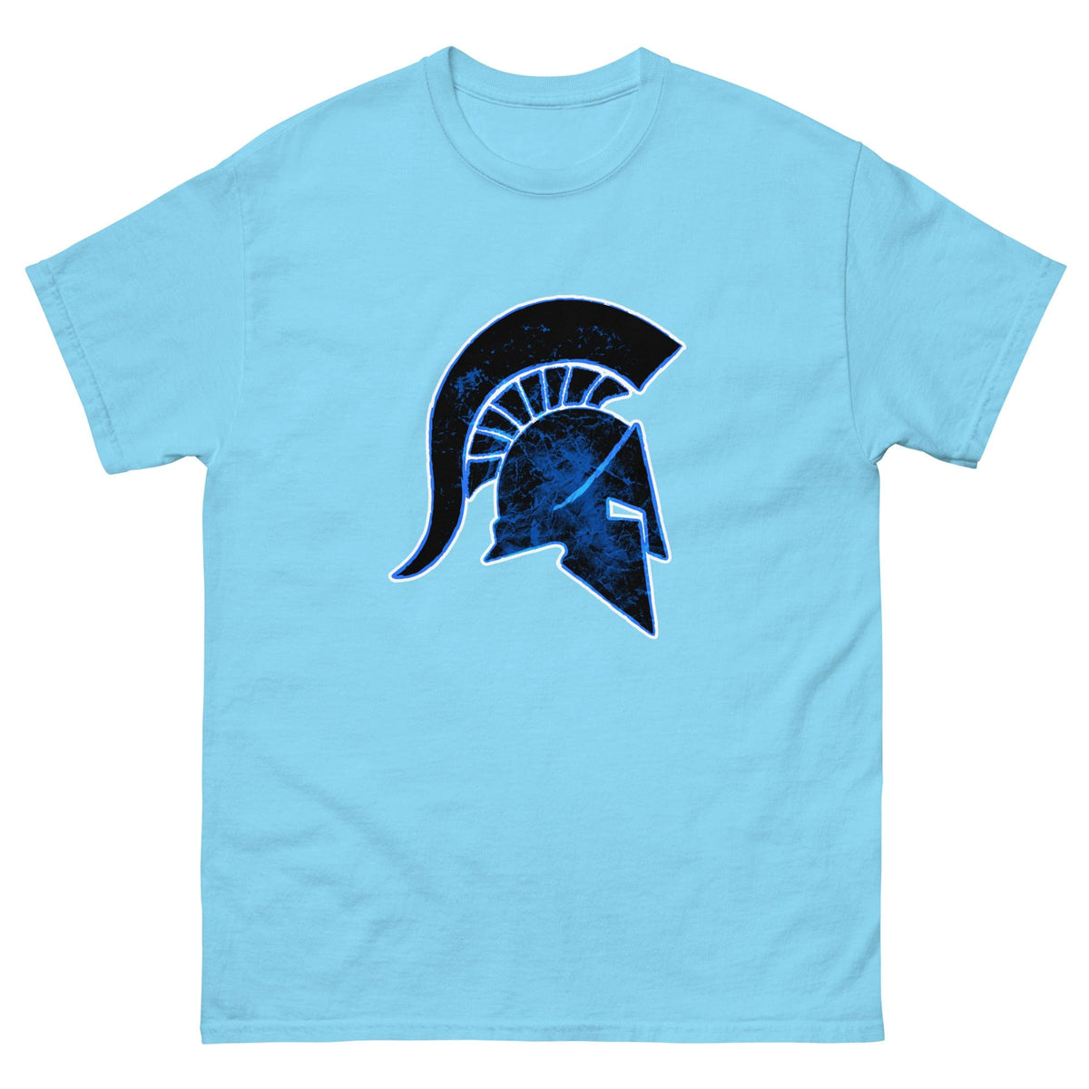 Light sky blue Ancient Greek helmet t-shirt with blue front helmet graphic, short sleeves, crew neck