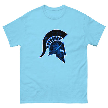 Light sky blue Ancient Greek helmet t-shirt with blue front helmet graphic, short sleeves, crew neck