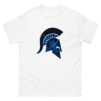 White Ancient Greek helmet t-shirt with blue front helmet graphic, short sleeves, crew neck
