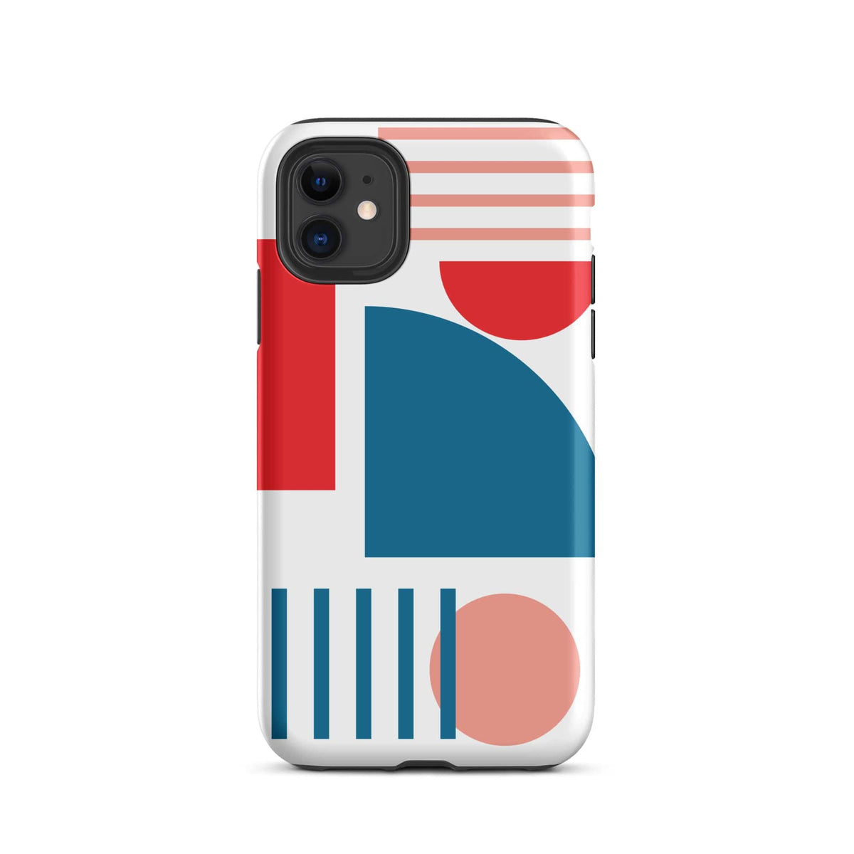 Tough iPhone case with abstract red, blue, and coral geometric pattern and black camera rim