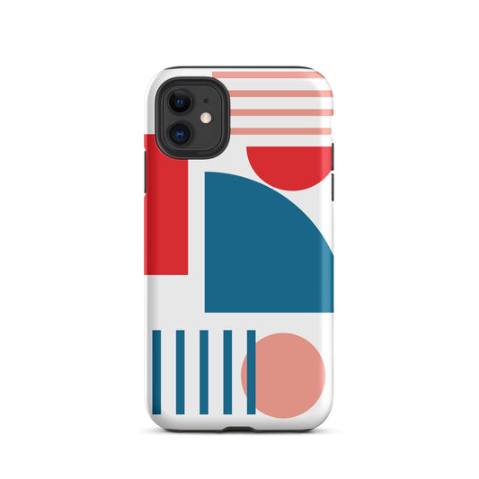 Tough iPhone case with abstract red, blue, and coral geometric pattern and black camera rim