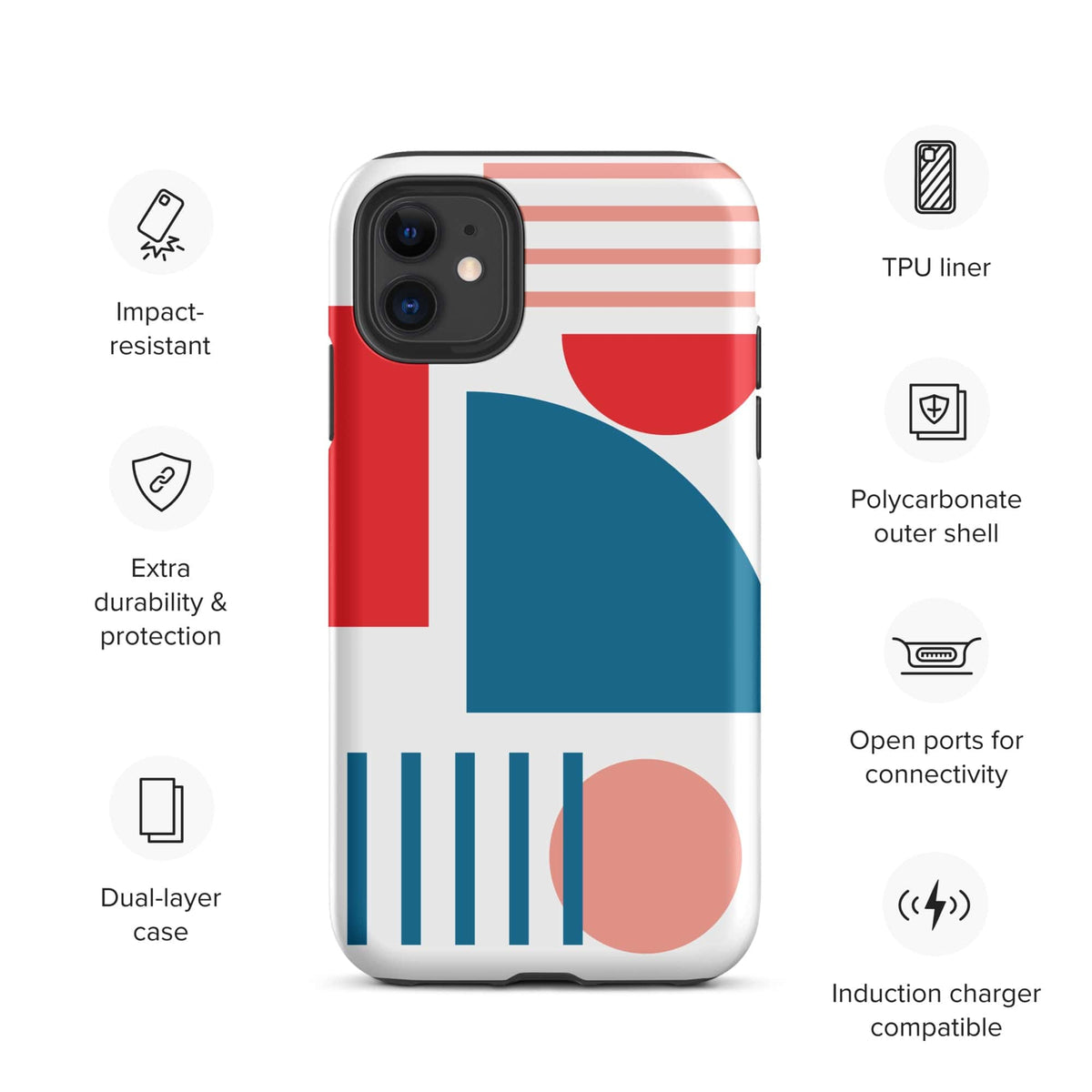 Tough dual-layer iPhone case with abstract pattern; impact resistant, open ports, charger compatible