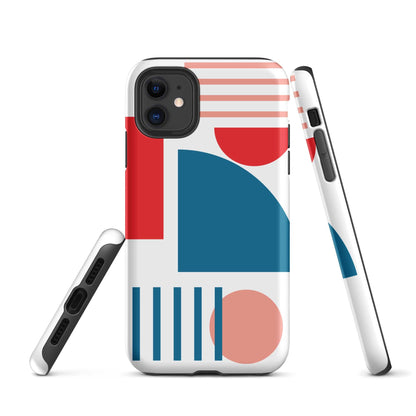 Tough iPhone case with abstract red and blue shapes, with side buttons and grip edges