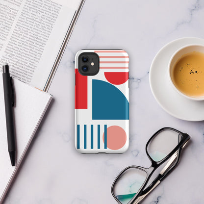 Tough iPhone case with red, blue, and coral abstract geometric design