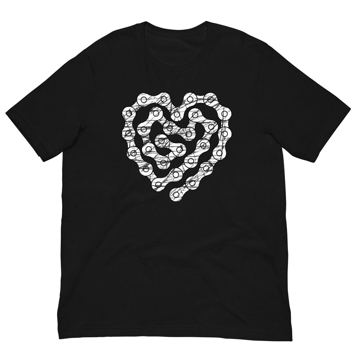 Black crewneck T-shirt with chain-heart graphic print