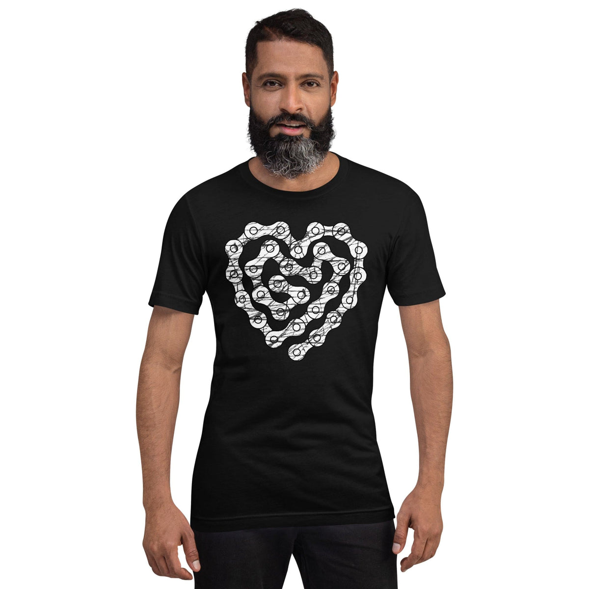 Black crewneck T-shirt with chain-heart graphic print