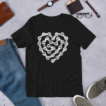 Black crewneck T-shirt with chain-heart graphic print