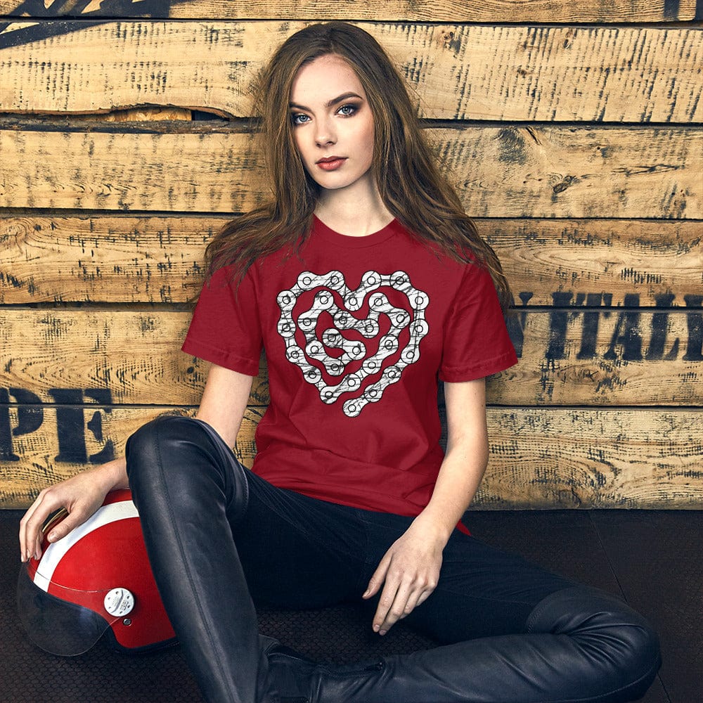 Red crewneck T-shirt with chain-heart graphic print