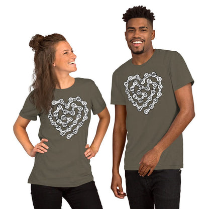 Olive green crewneck T-shirt with chain-heart graphic print
