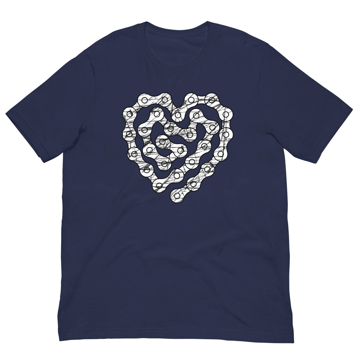 Dark blue T-shirt with white chain-heart graphic on the front