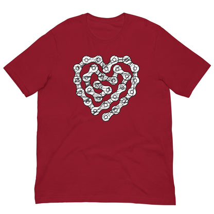 Red T-shirt with white chain-heart graphic on the front