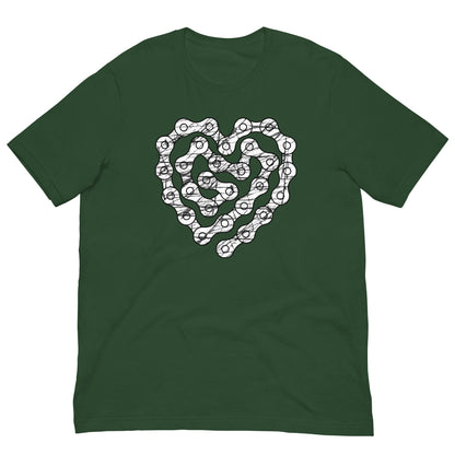 Forest green T-shirt with white chain-heart graphic on the front