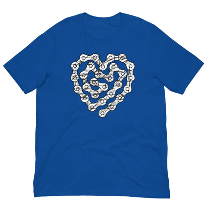 Royal blue T-shirt with white chain-heart graphic on the front
