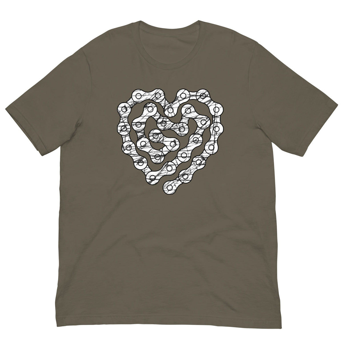 Khaki T-shirt with white chain-heart graphic on the front