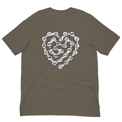 Khaki T-shirt with white chain-heart graphic on the front
