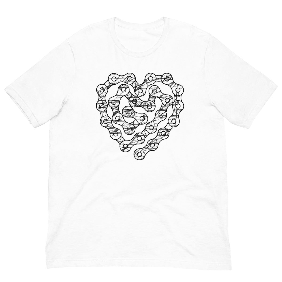 White T-shirt with black chain-heart graphic on the front