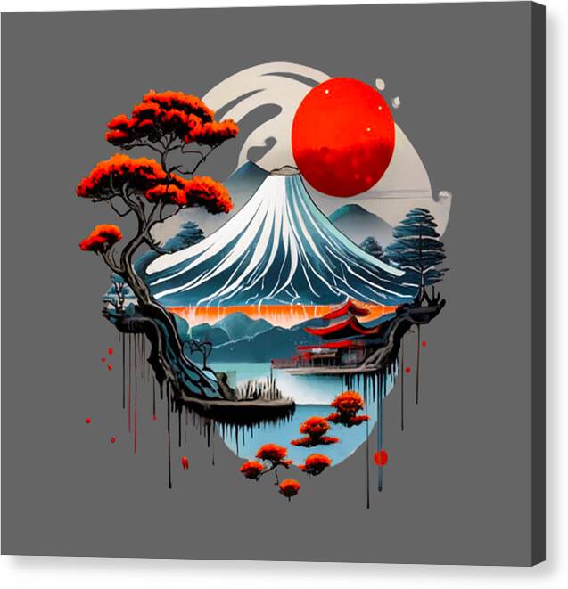 Square canvas print of Japanese landscape with red sun, blue waves, red trees