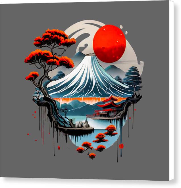 Square canvas print featuring red sun over stylized blue waves and orange-red trees