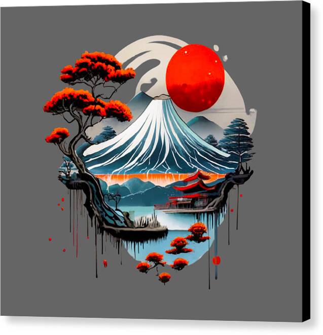 Square canvas print with red sun, blue wave mountain, and red dripping accents
