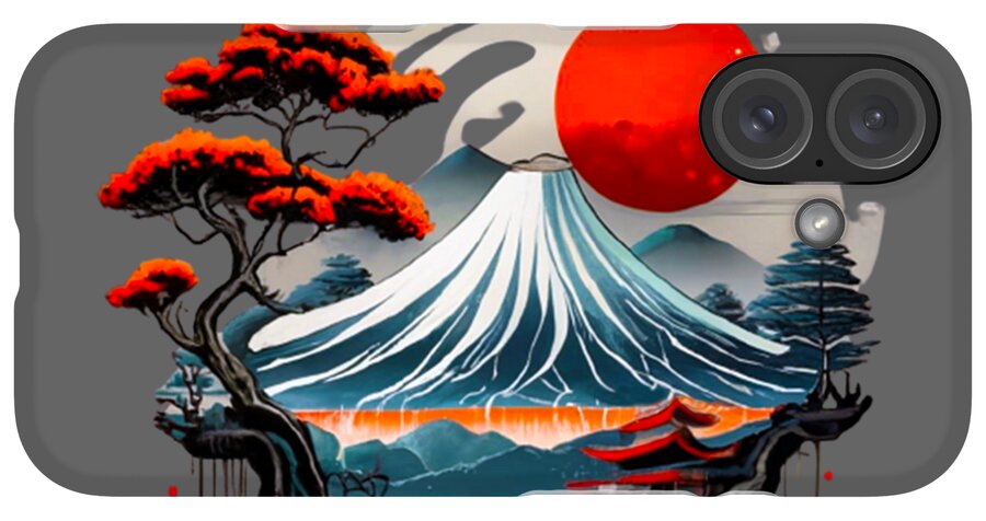 Gray phone case with Mount Fuji waves, red sun, and pine trees; multi-lens camera cutout.