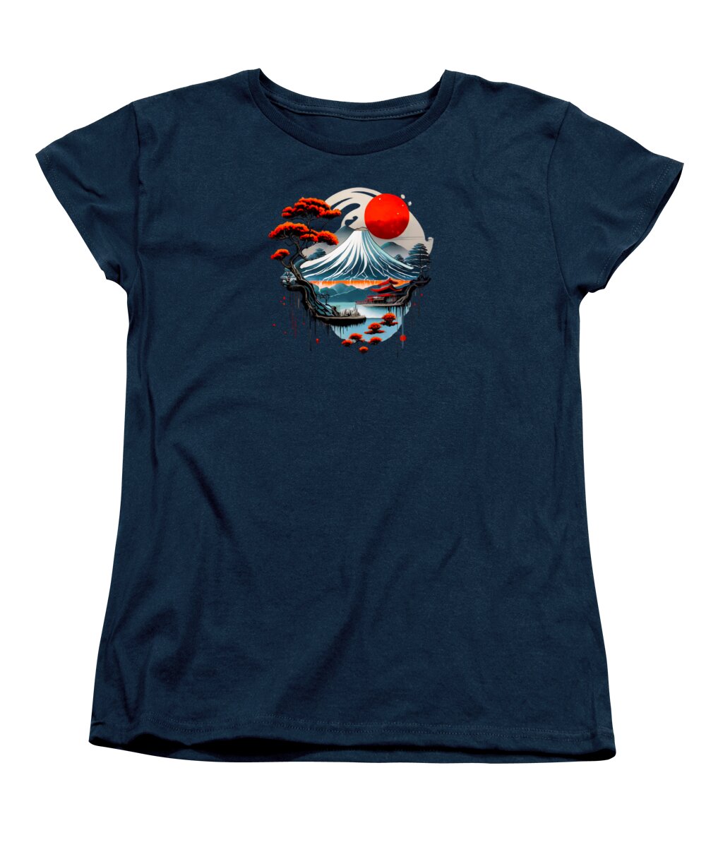 Navy women's t-shirt with graphic Japanese mountain and red sun at chest