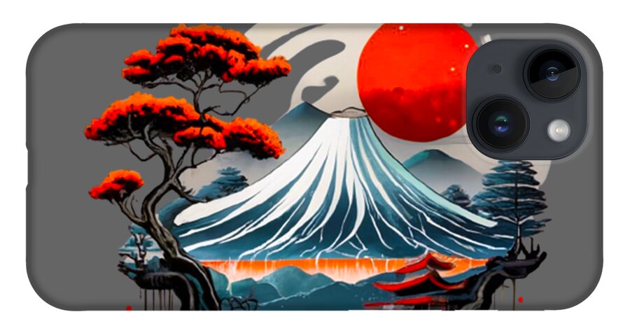 Mount Fuji Japanese landscape phone case, gray back with red sun, waves, and camera cutouts