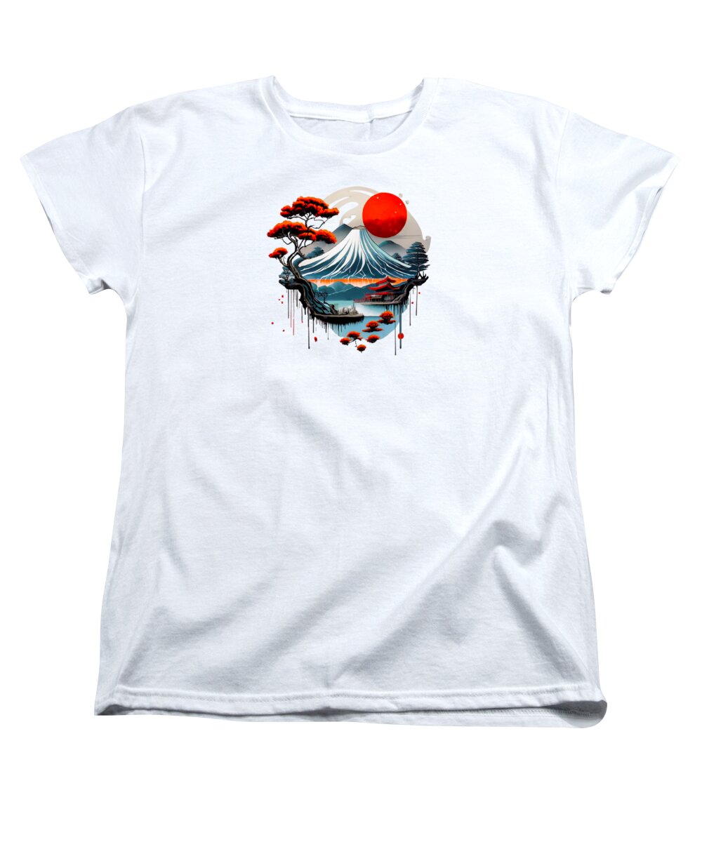 White women's t-shirt with Japanese mountain graphic and red sun print on chest