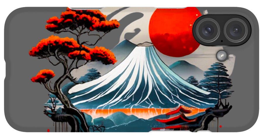 Gray phone case with Mount Fuji waves, red sun, and trees; multi-lens camera cutout at top.